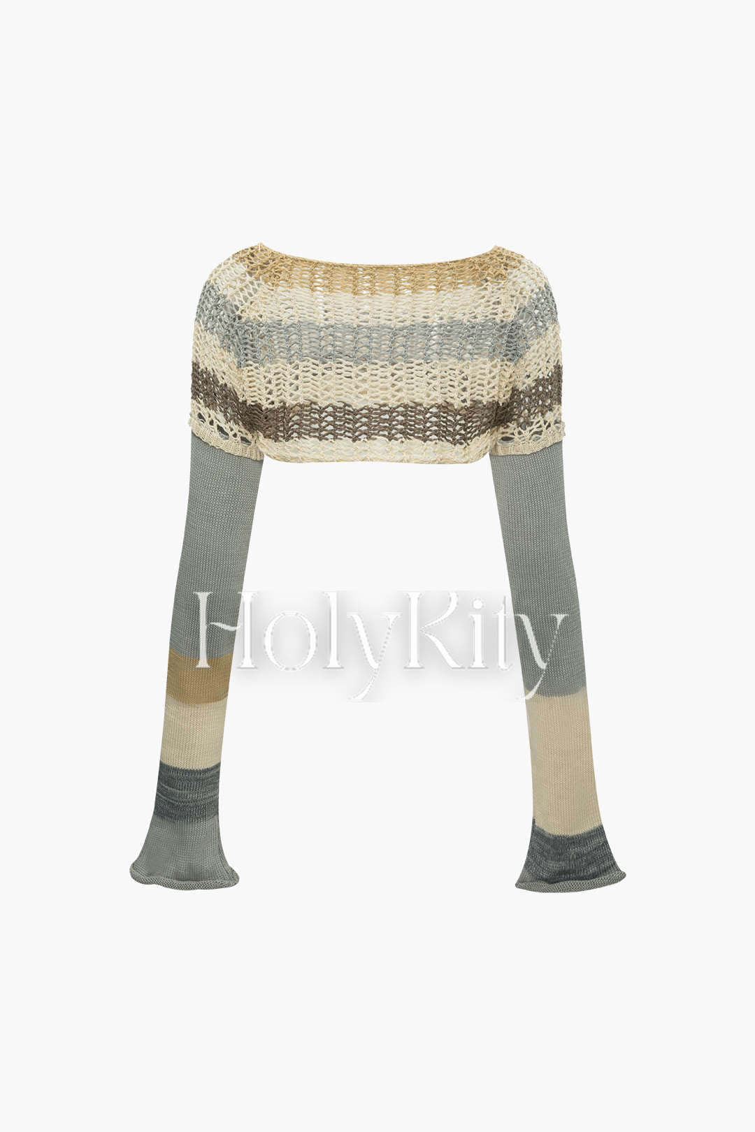 Stripe Open Knit Long Sleeve Crop Top