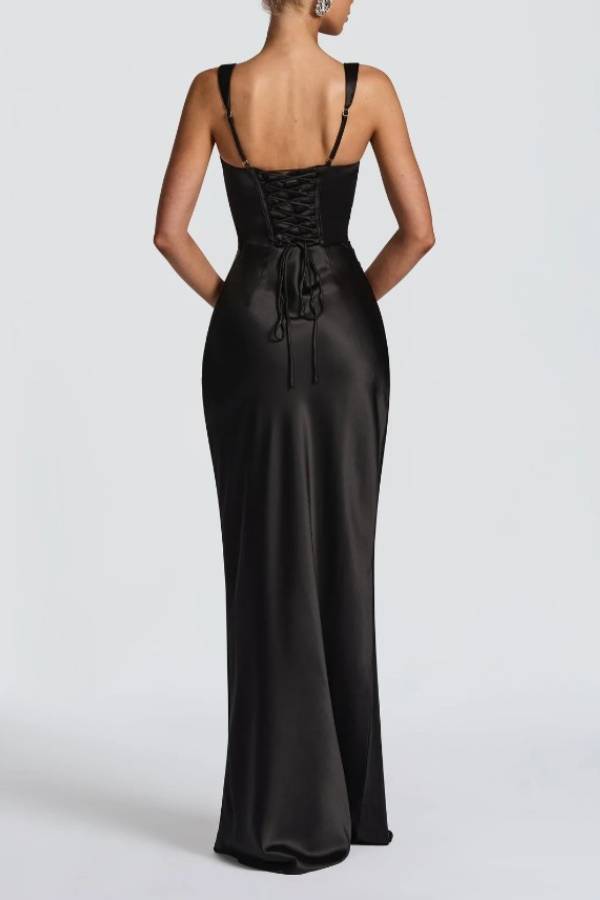 Satin Strap Mermaid Evening Gown with Lace‑Up Back
