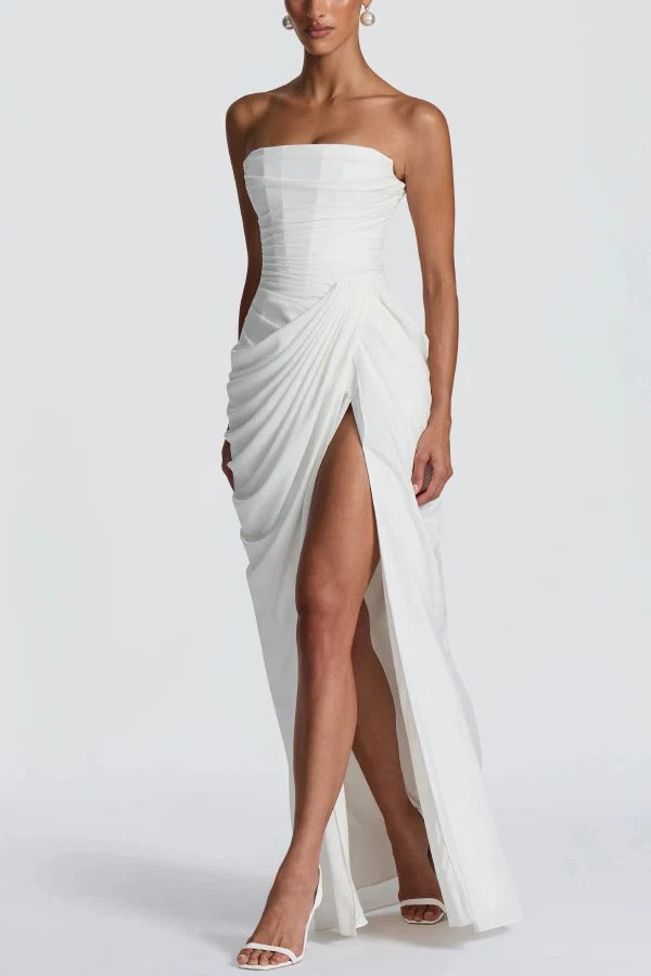 Cyra Chiffon Back Lace-up Asymmetrical Pleats Strapless Slit Maxi Dress