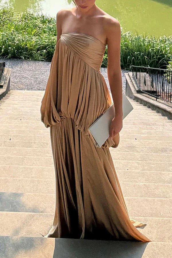 Shimmer Rhythm Satin Tie-up Bust Puff Hem Strapless Drape Maxi Dress