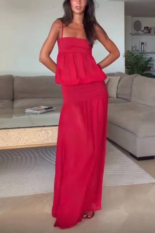 Red Strapless Spaghetti Strap Tiered Flowy Maxi Dress