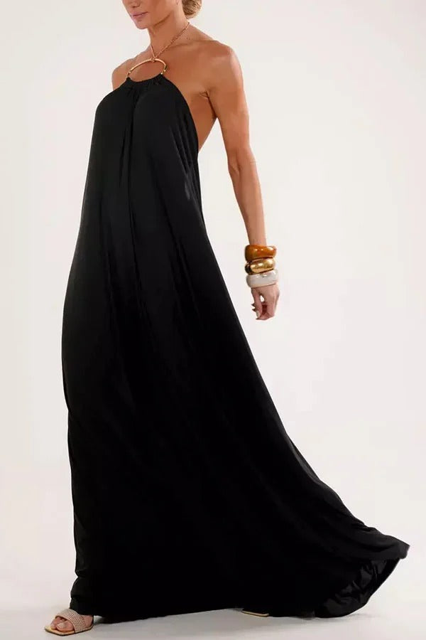 Ocean Goddess Metal Circular Chain Halter Backless Vacation A-line Maxi Dress