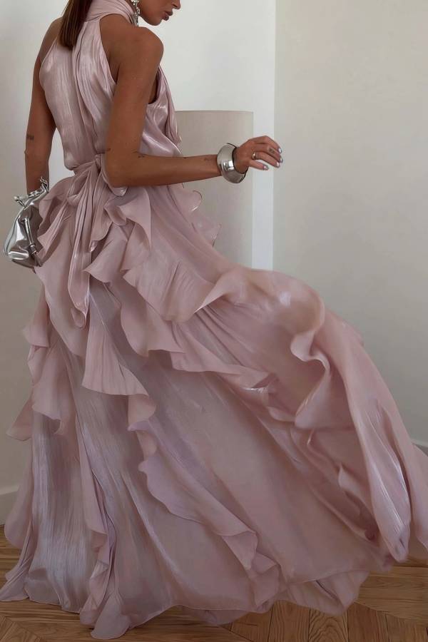 Halter Tie‑Up Ruffled Shiny Evening Maxi Dress