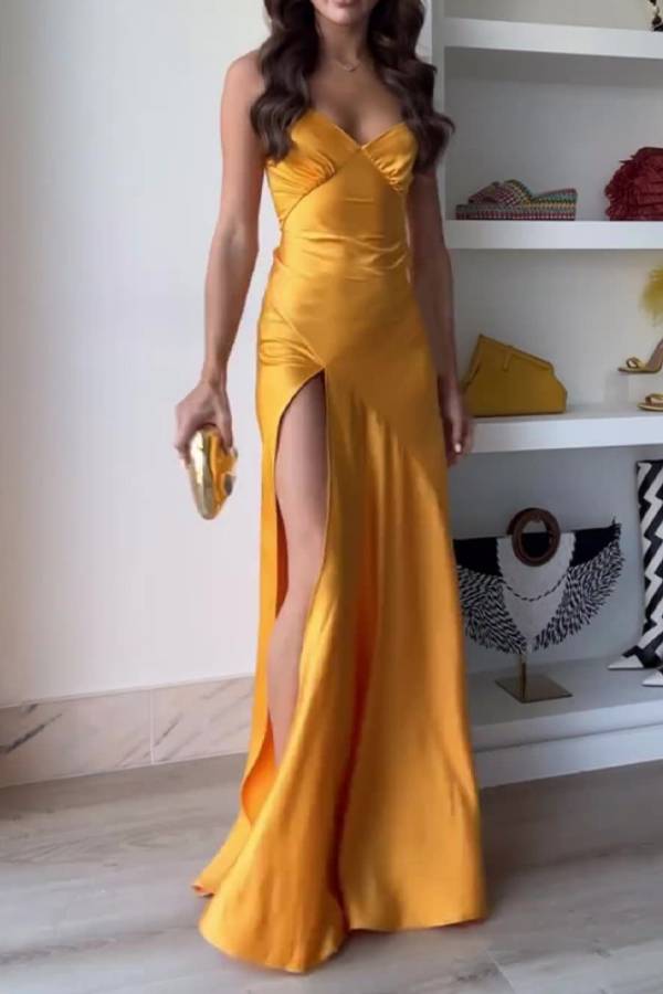 Strapless Deep V Satin High Slit Train Evening Dress