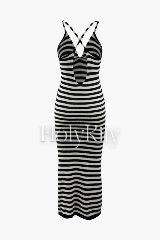 Stripe V-neck Cross Back Knit Midi Dress