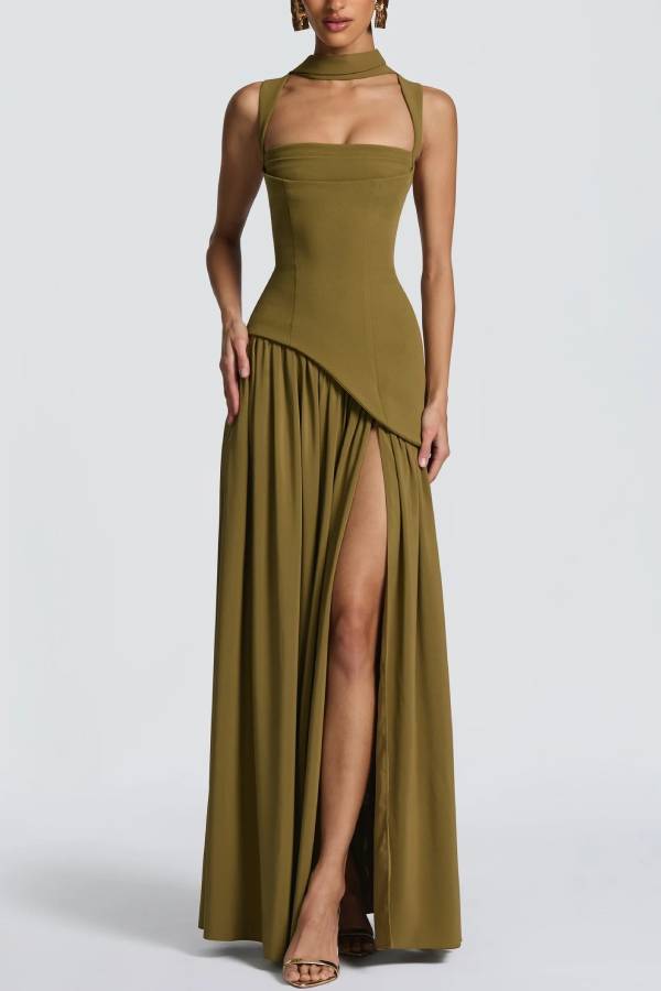 Halter Square Neck Fitted Slit Long Evening Gown