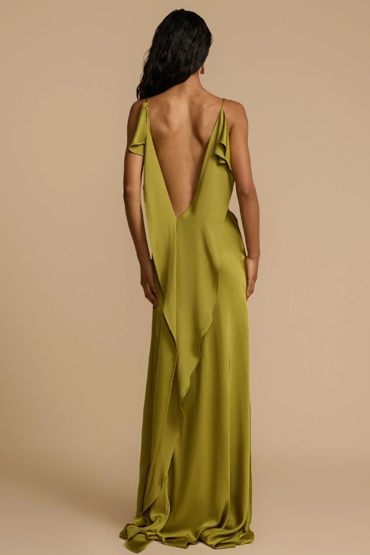 Evening Date Satin Cowl Neck Drape Ruffle Backless Bias Cut Party Maxi Dress