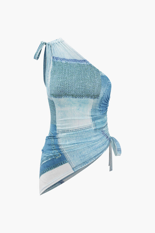 Asymmetrisches Oberteil mit Kordelzug im Jeans-Print