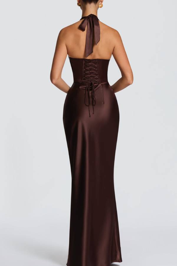 Halter Deep‑V Satin Mermaid Evening Maxi Dress