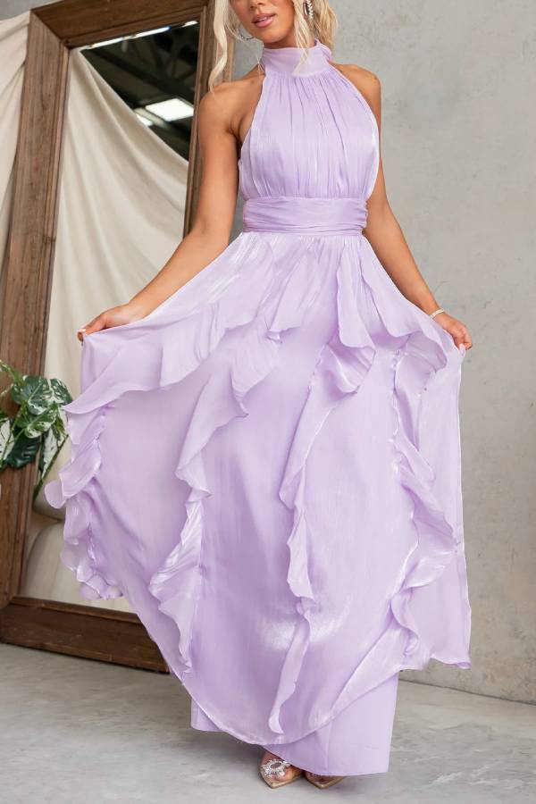 Shimmer Chiffon Halter Ruffle Bridesmaid Maxi Dress