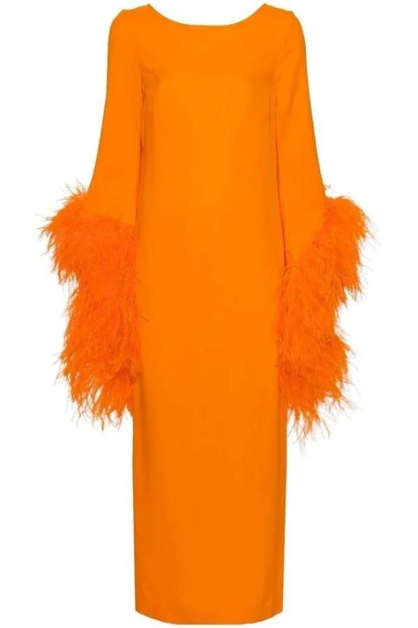 Orange Long Sleeve Feather Trim Cuff Boat Neck Column Midi Dress