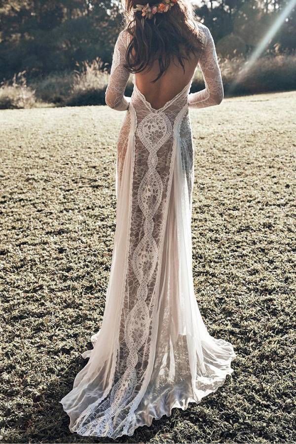 Lace open back long sleeve fairy trailing wedding dress