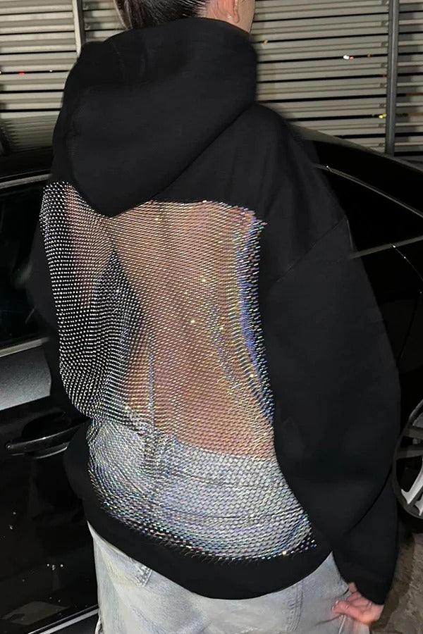 Fashionable Shiny Mesh Hollow Back Loose Long-sleeved Hooded Sweatshirt