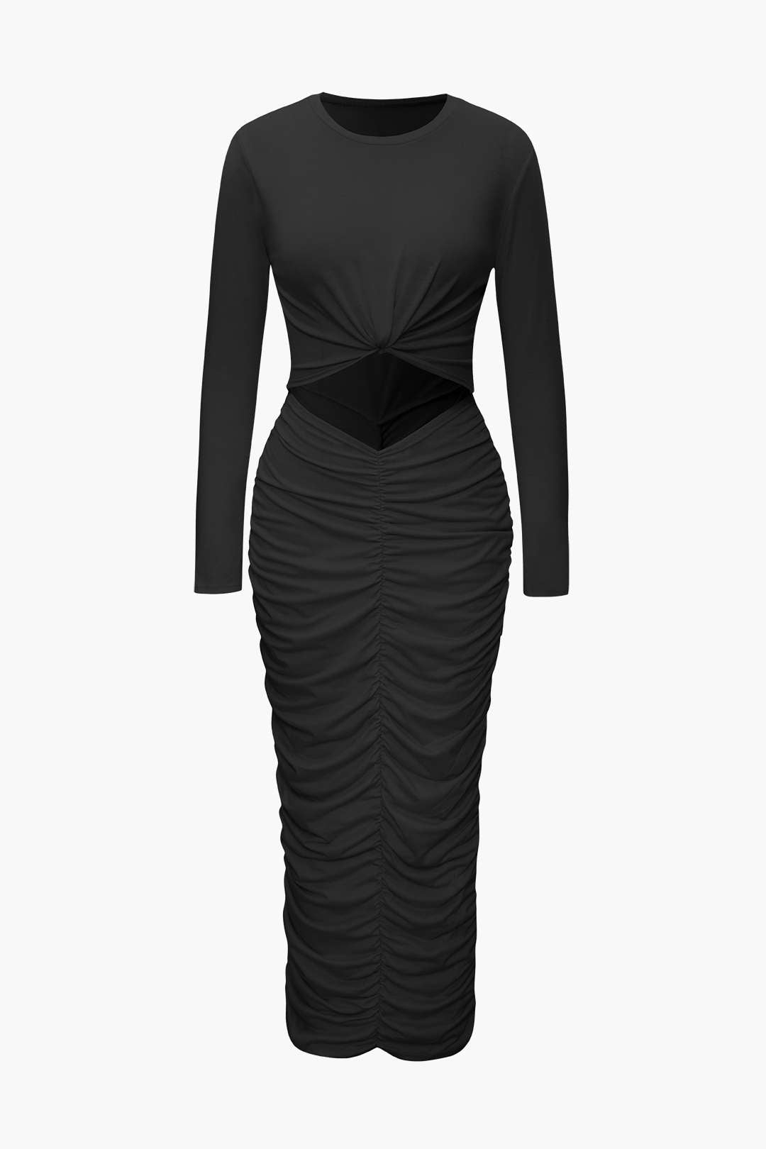 Gerafftes Maxikleid mit Cut-Outs und langen Ärmeln