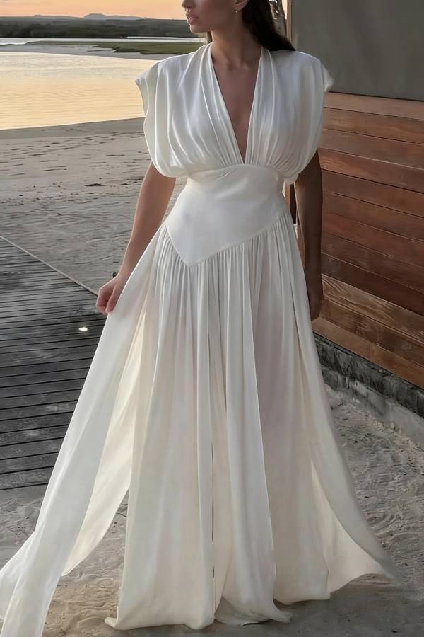 Elegant V-neck Sleeveless Fitted Waist High Slit Vacation Maxi Dress