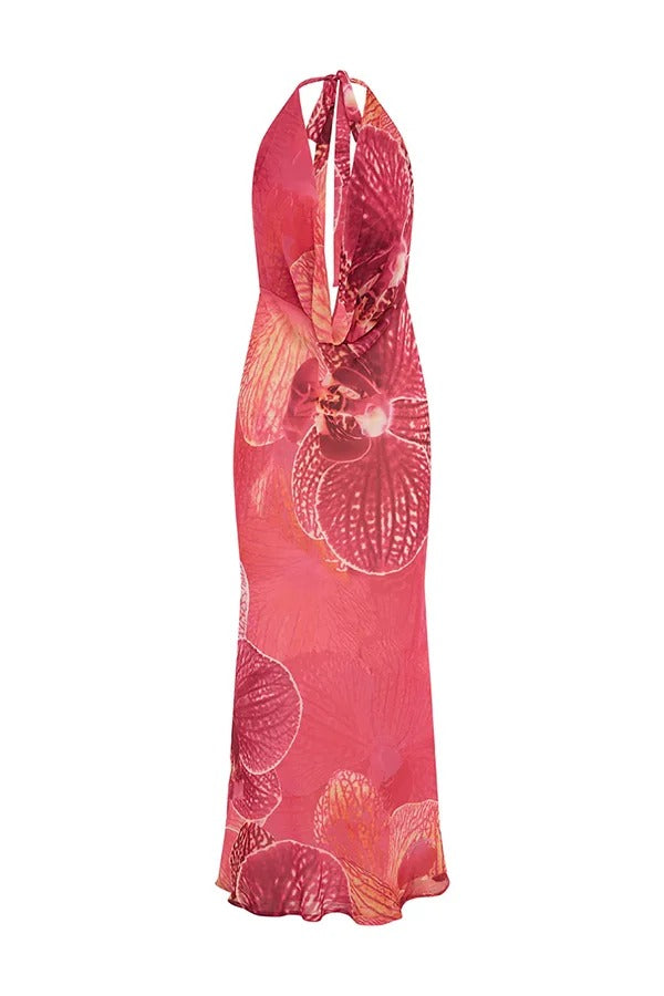 Perfect Sultry Look Unique Print Drape Cowl Neck Halter Maxi Dress