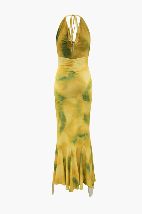 Robe longue à volants et col licou à imprimé abstrait
