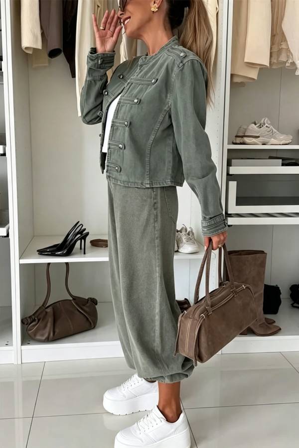 Chivalry Denim Antique Silver Button Ribbon Military Pattern Long Sleeve Jacket