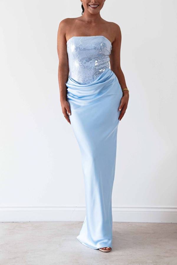 Strapless Sequin Satin Draped Mermaid Long Evening Gown