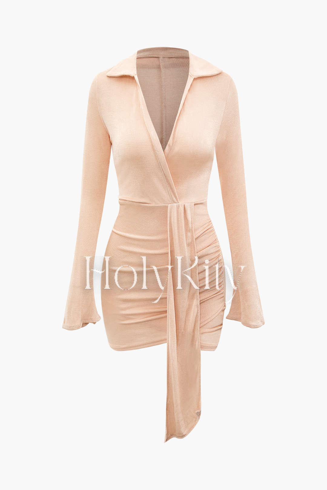 V-neck Ruched Bell Sleeve Collar Mini Dress