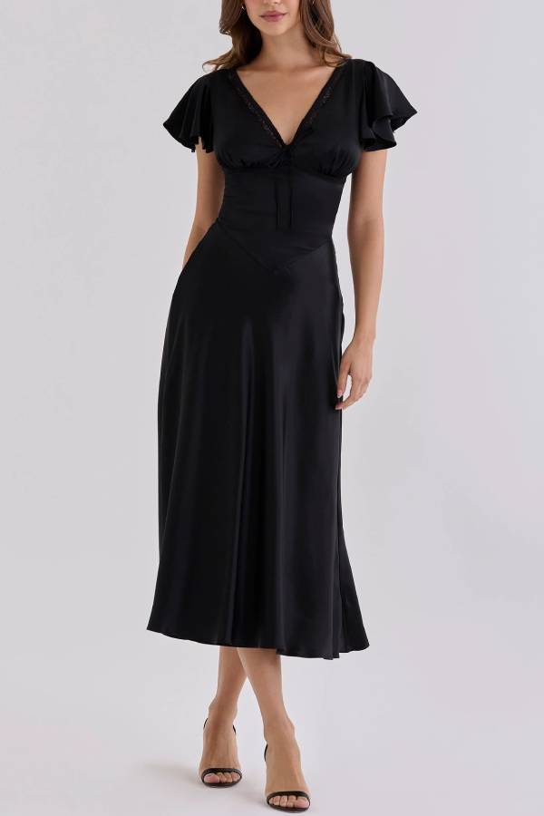 Lace Trim V Neck Flutter Sleeve Satin Midi Dress