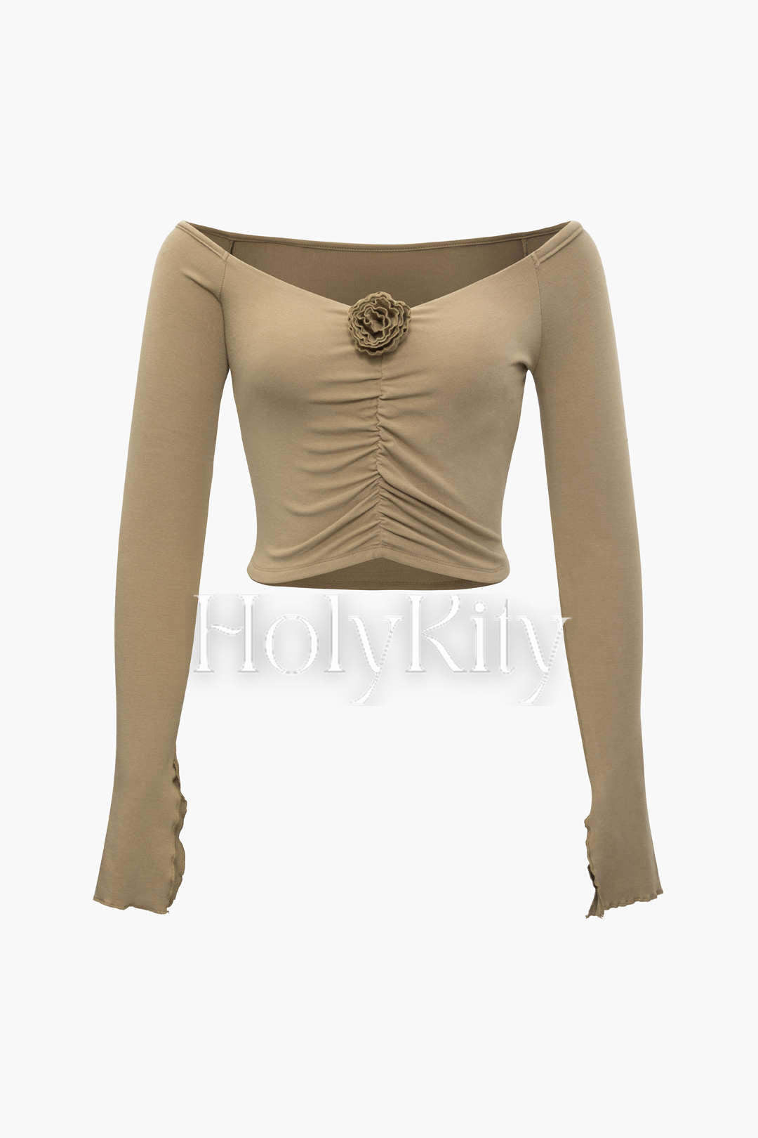 Off Shoulder 3D Flower Ruched Long Sleeve Top