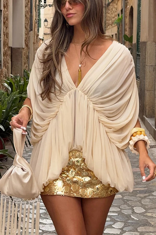 Ethereal and Romantic Ruched Chiffon V-neck Batwing Sleeves Blouse