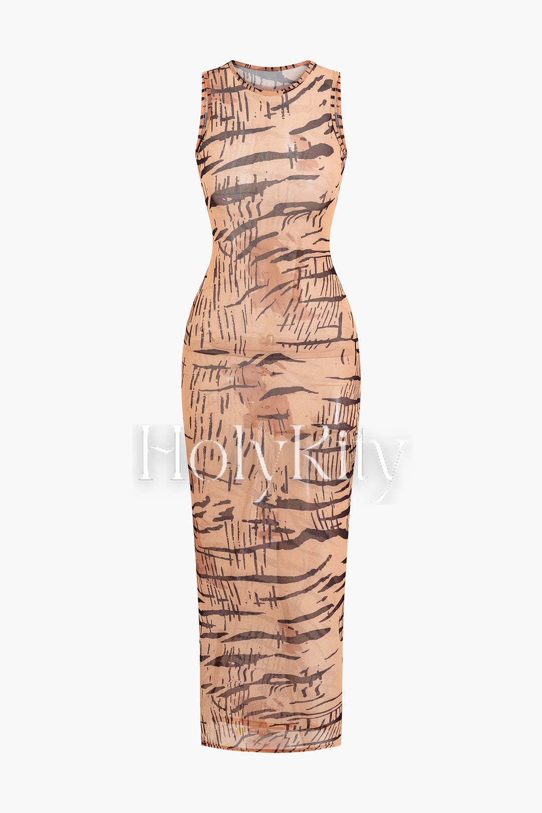 Tiger Print Round Neck Sleeveless Mesh Maxi Dress