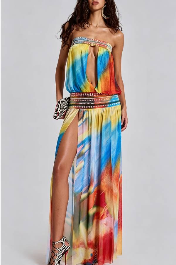 Kalila Mesh Multi-coloured Printed Stud and Sequin Embellishment Cutout Slit Maxi Dress