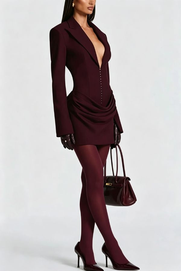 Solid Color Slim-fit V-neck Elegant Draped Formal Mini Dress