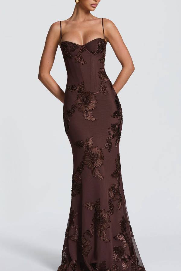 3D Floral Embroidered Lace-Up Backless Mermaid Evening Gown