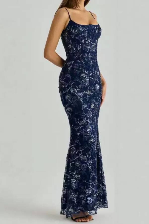 Heavy Beaded Embroidered Spaghetti Strap Mermaid Evening Gown