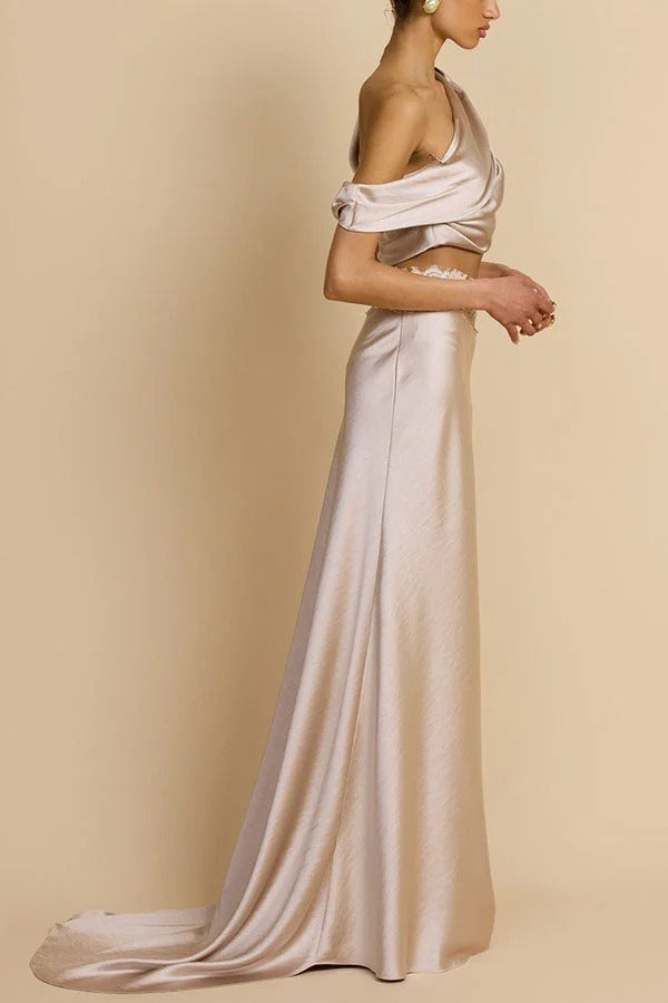 Anaya Satin Asymmetrical Off Shoulder Cropped Top and Lace Trim High Rise Maxi Skirt Set