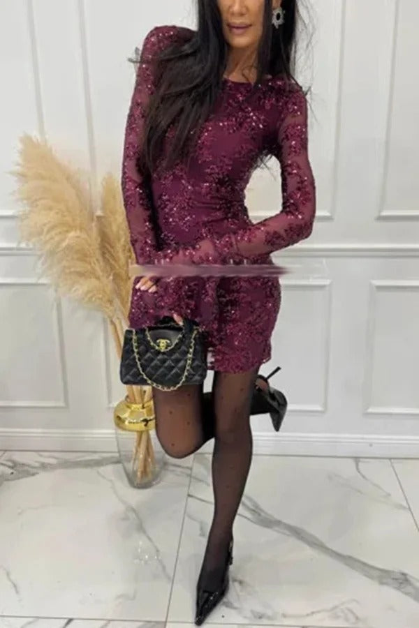 Deep and Dazzling Floral Texture Sequin Long Bell Sleeve Open Back Mini Dress