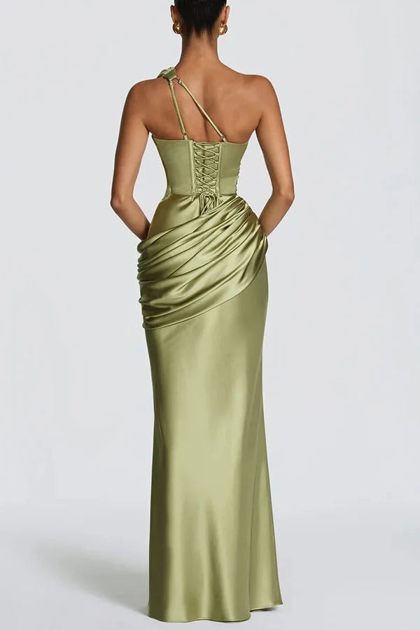 Emina Satin One Shoulder Asymmetrical Neck Cutout Back Lace-up Drape Maxi Dress
