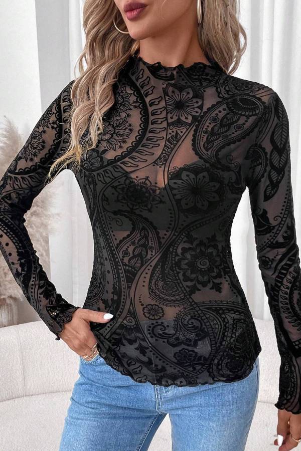 Half-high collar see-through lace pattern long-sleeved top