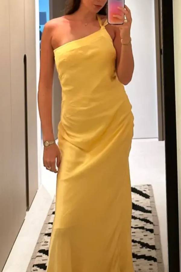 Yellow One‑Shoulder Open‑Back Satin Maxi Evening Dress