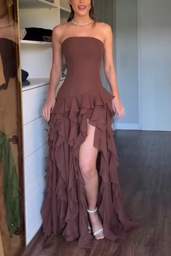 Elegant Sleeveless Off-shoulder Fitted Ruffled High Slit Maxi Dress