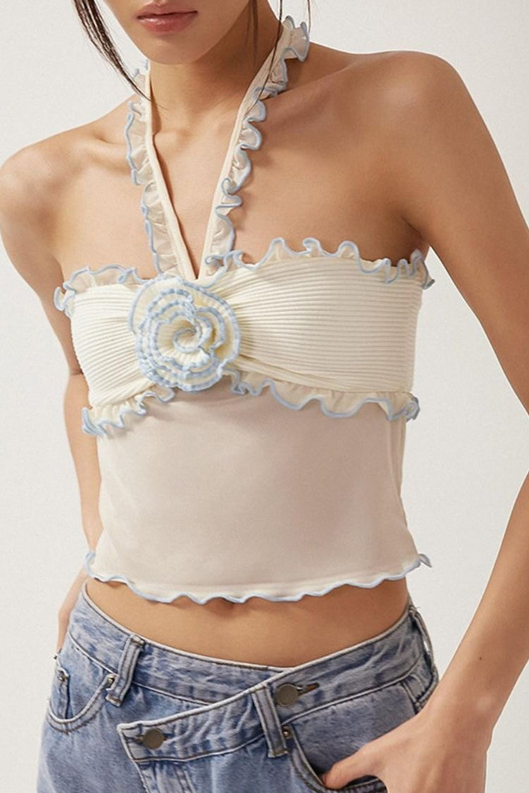 Sexy hot girl's short halter top with three-dimensional flower decoration and fungus