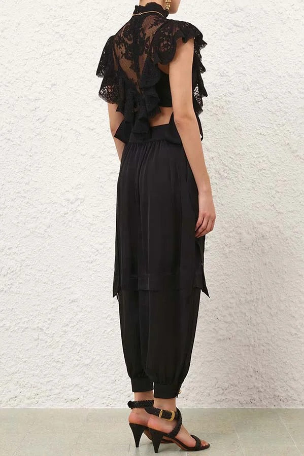 Esella Satin Gathered Waist Pocket Button Ankle Cuffs Harem Pant