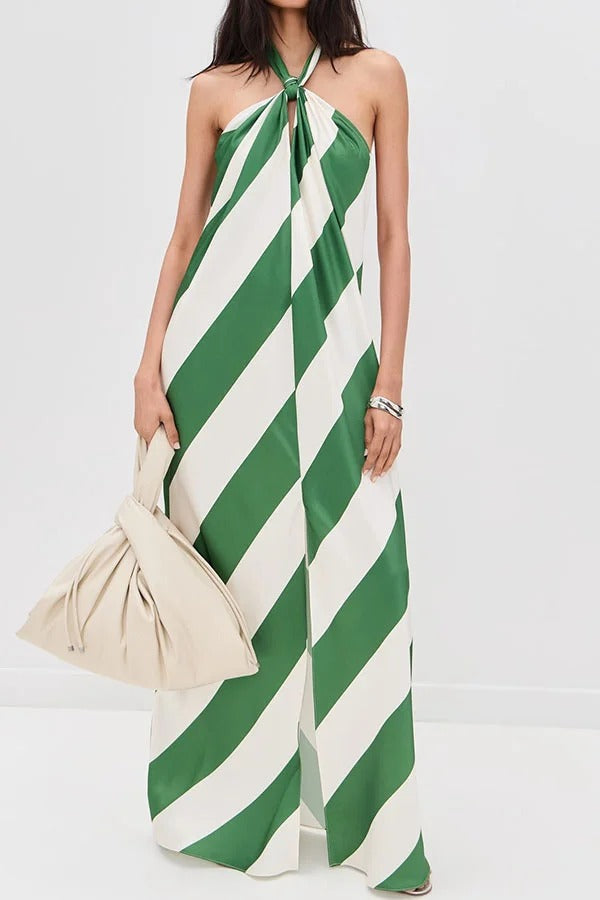 Most Dreamy Stripe Print Halter Tie-up Backless Pocket Loose Maxi Dress