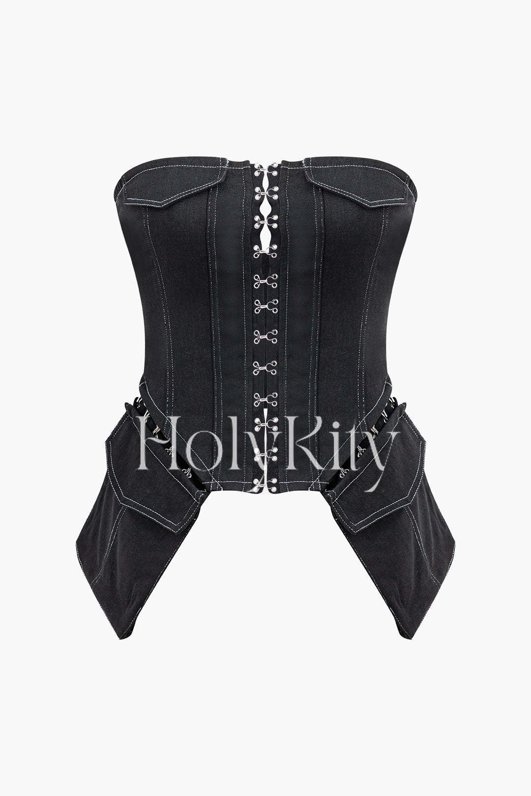 Buckle Flap Pocket Denim Strapless Top