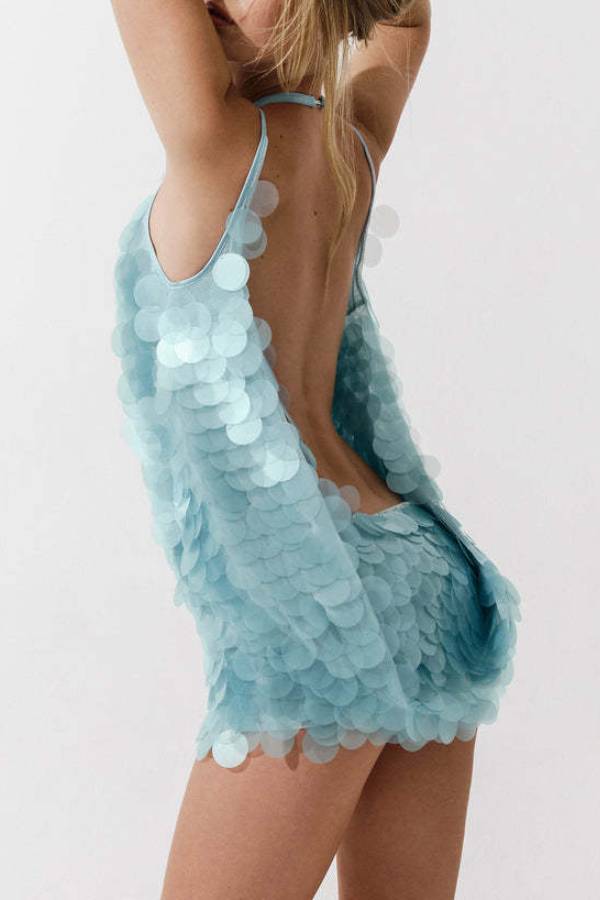 Halter Large Sequin Backless Two‑Piece Mini Skirt Set