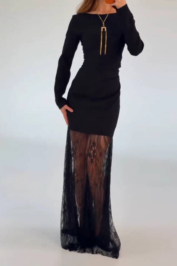 Black Long Sleeve Boat Neck Bodycon Maxi Dress with Sheer Lace Hem