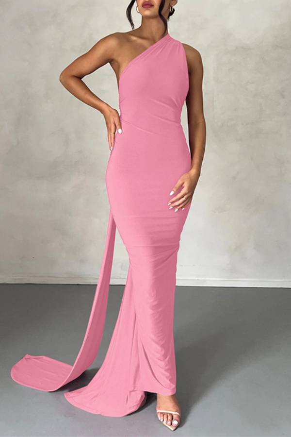 One-shoulder backless long dress with train