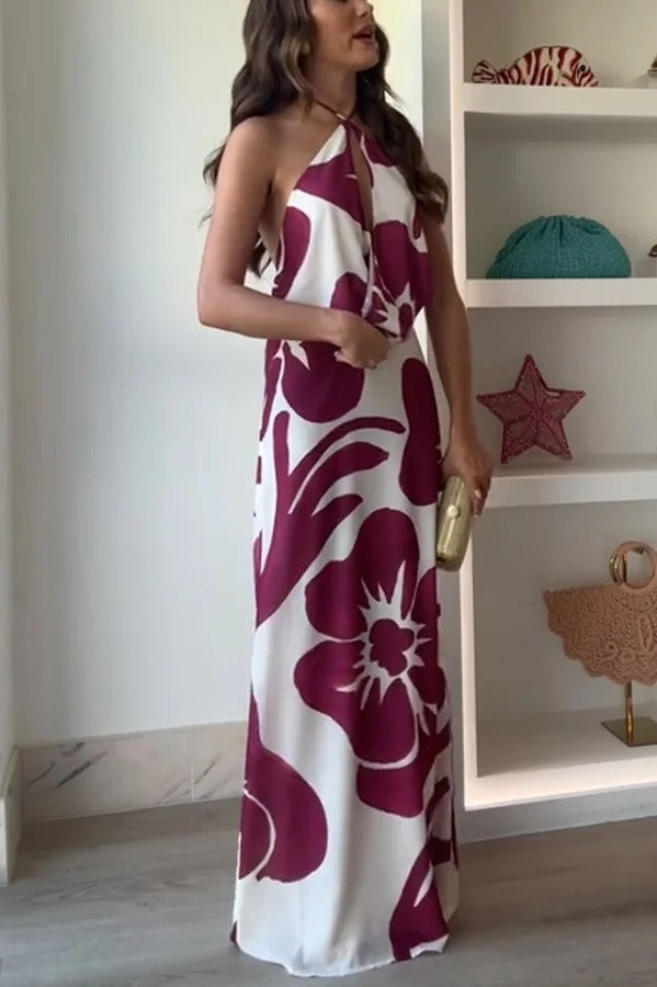 Leslie Flower Print Halter Cutout Cowl Neck Backless Maxi Dress