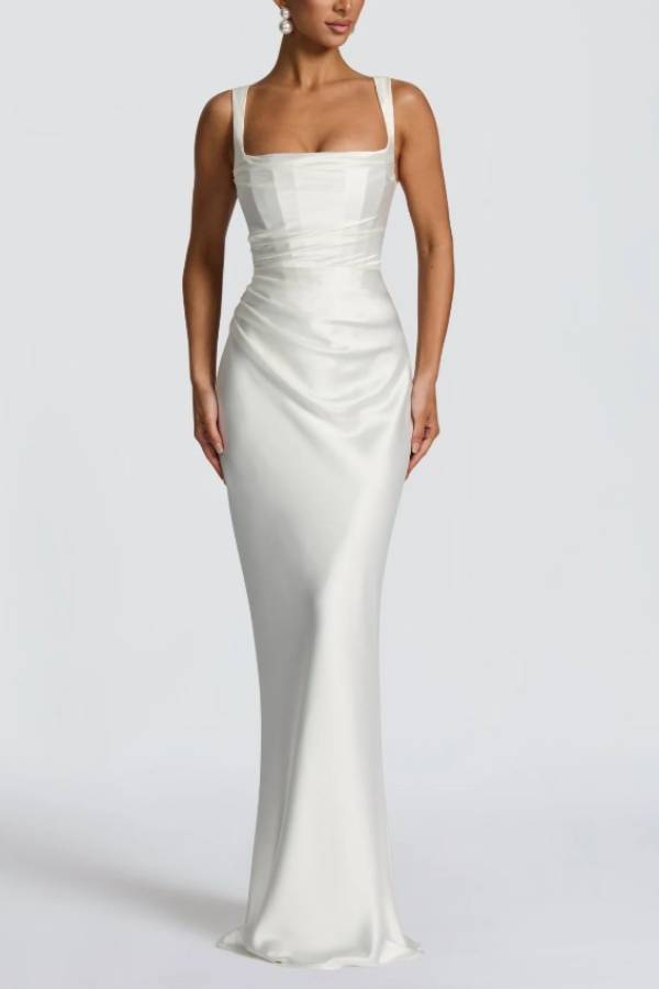 Satin Strap Mermaid Evening Gown with Lace‑Up Back