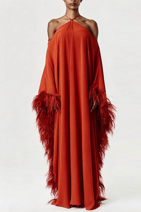 Halter Off-shoulder Feather Chiffon Gown