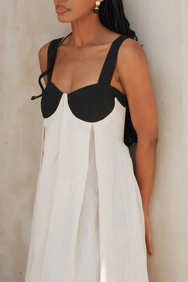 Jordina Linen Blend Colorblock Cups Backless Tie-up Loose Maxi Dress