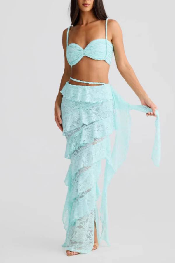Twist Bandeau Top & Asymmetric Ruffle Lace Maxi Skirt Two-Piece Set